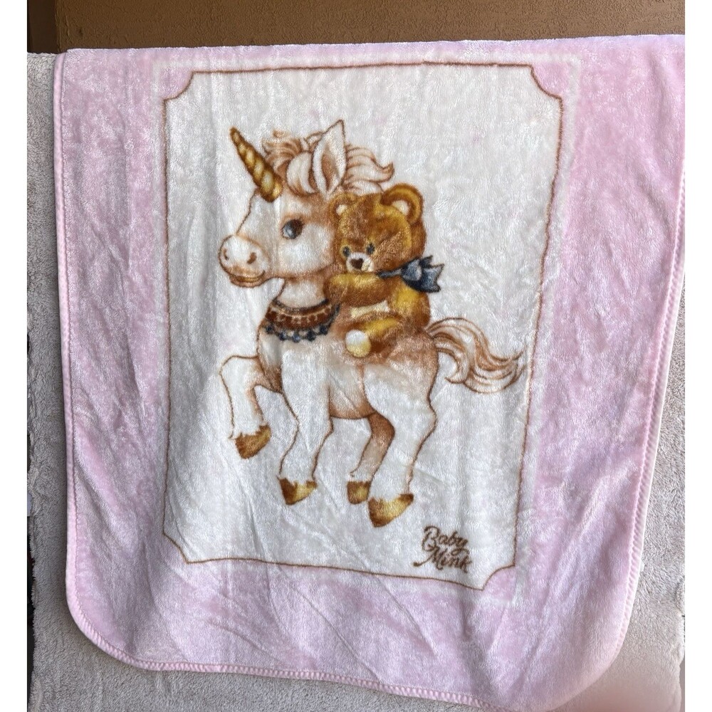 Vintage Baby Mink Pink White Unicorn and Teddy Bear Blanket 44”x52” Plush Girl